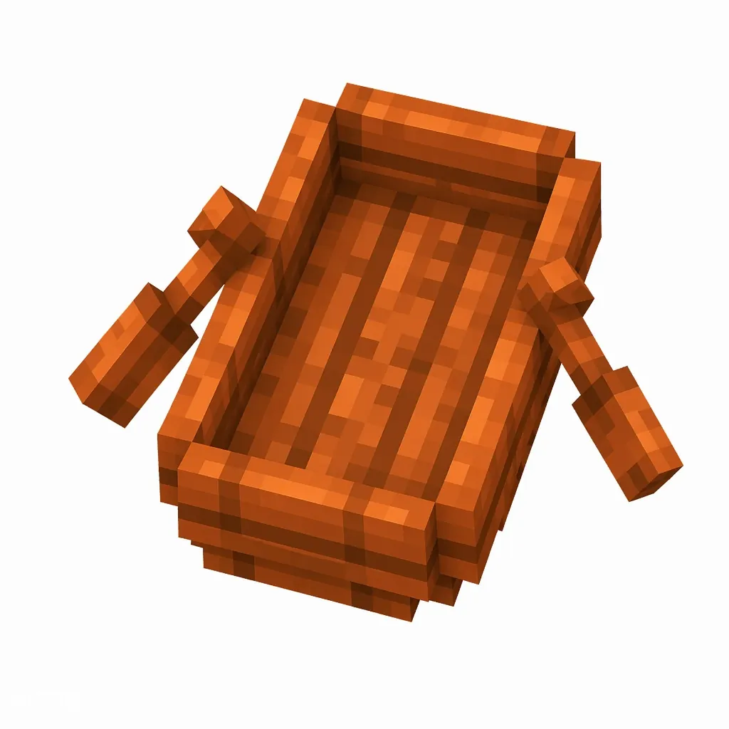 Pixel art illustration of a bright orange acacia boat with two paddles