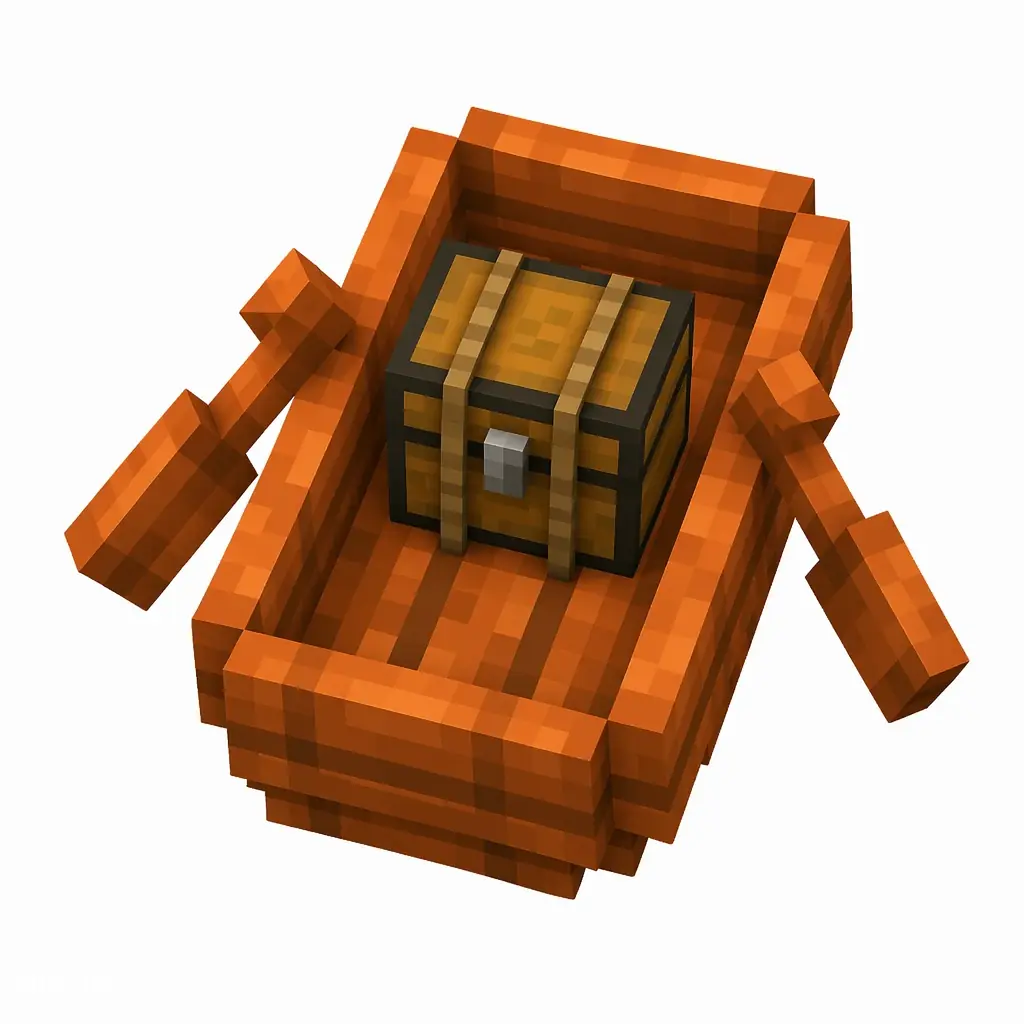 Pixel art illustration of a bright orange acacia boat with a chest strapped in the middle