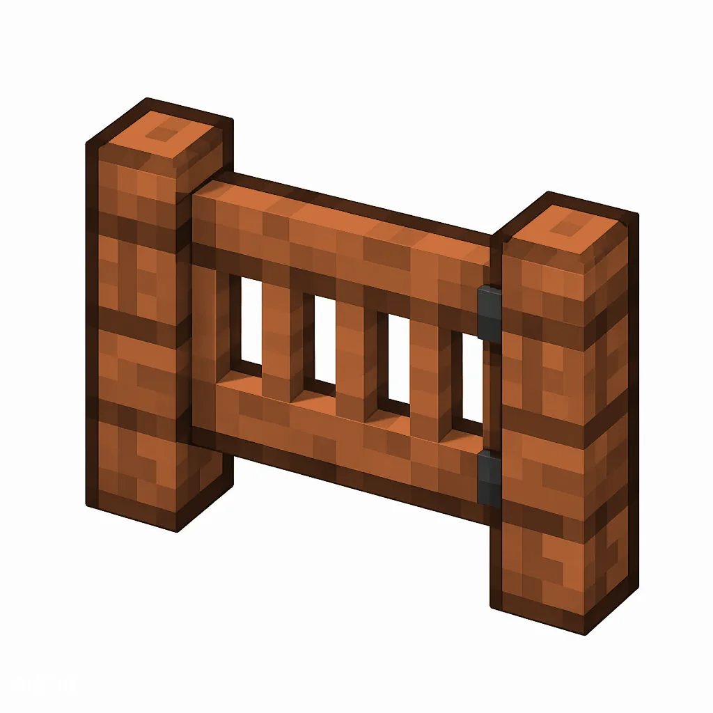 Pixel art illustration of an acacia fence gate with a slatted swinging panel