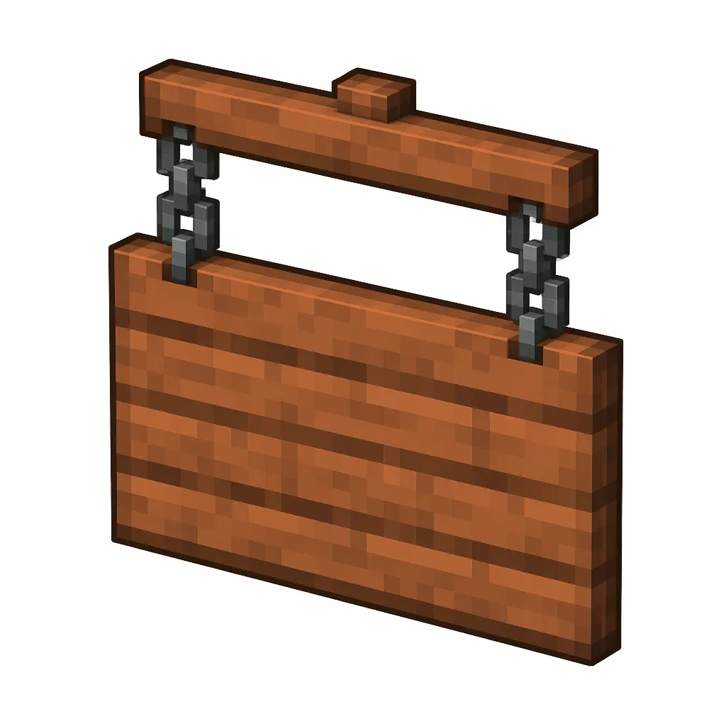 Pixel art illustration of an acacia hanging sign board suspended from two gray metal chains
