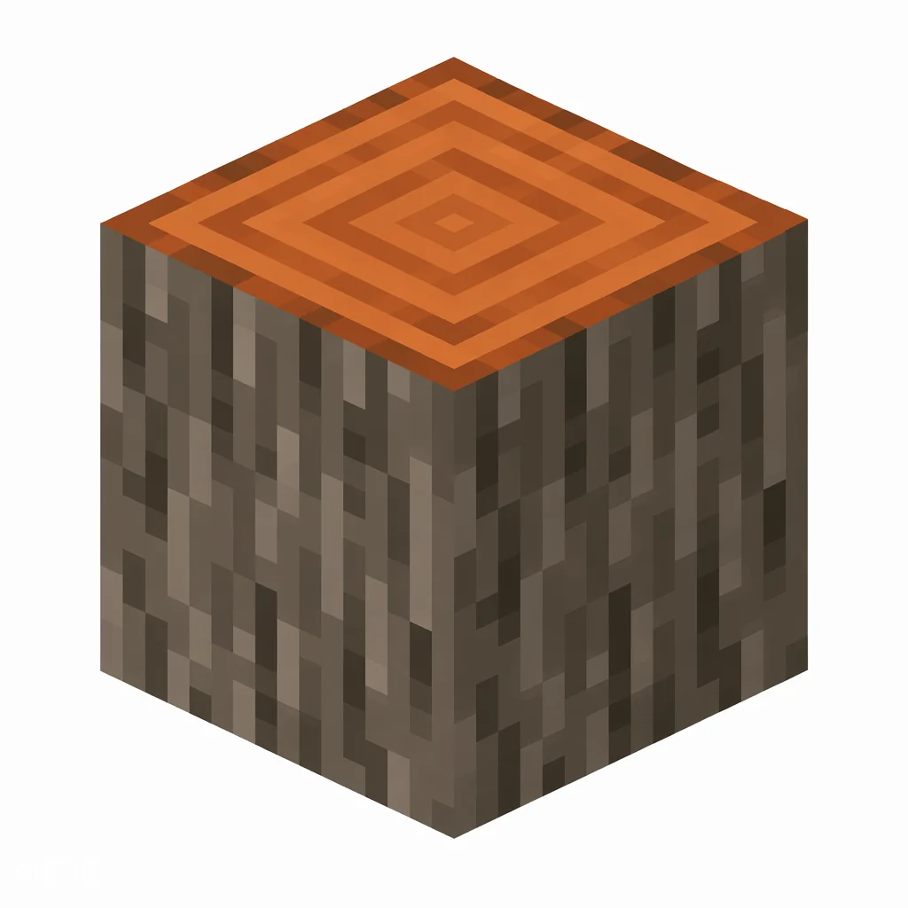 Pixel art illustration of an acacia log block with gray-brown bark and orange-brown tree rings