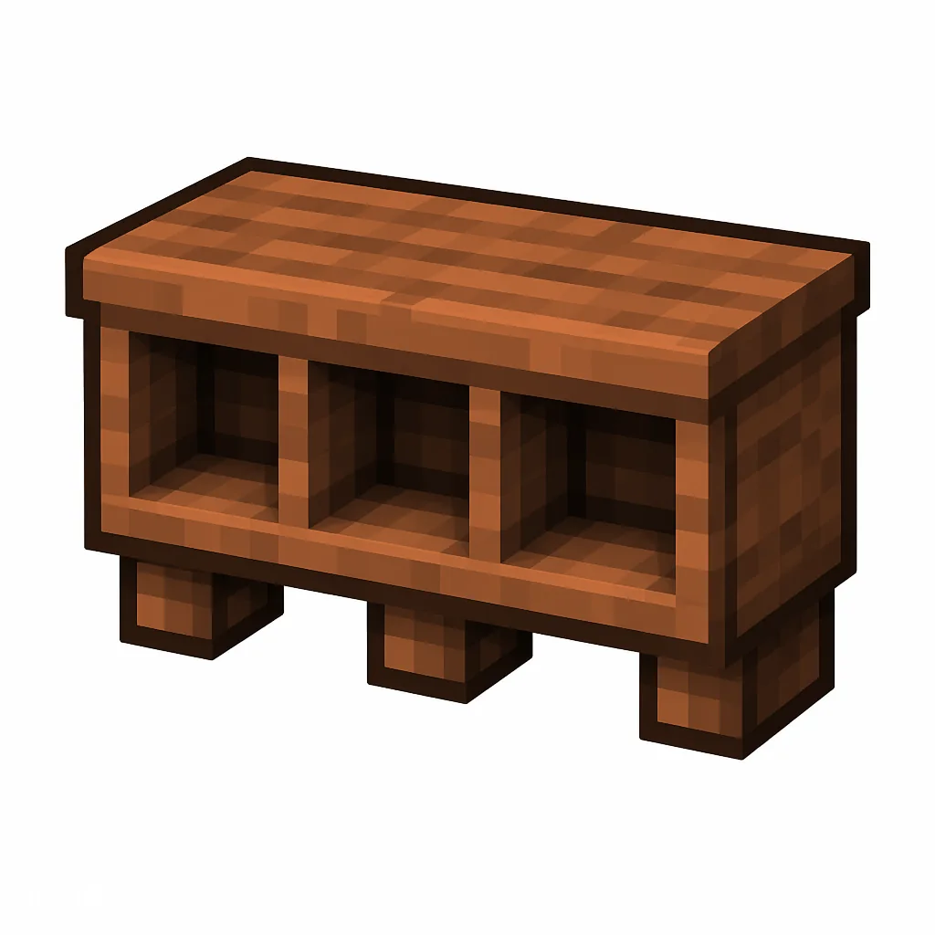 Pixel art illustration of an acacia wall shelf with three display cubbies