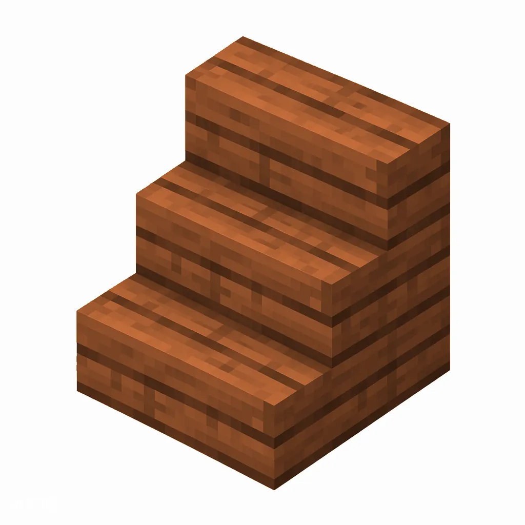 Pixel art illustration of an L-shaped acacia wooden stairs block with visible wood grain