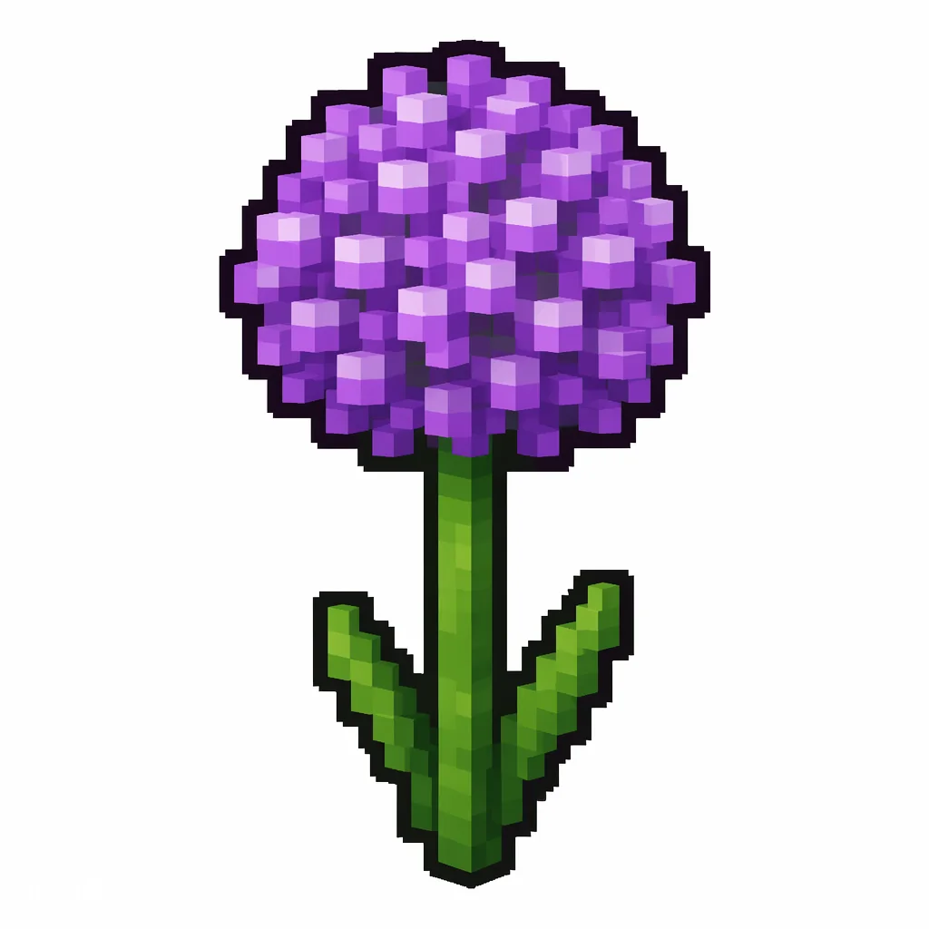 Pixel art illustration of an allium in chunky voxel game style