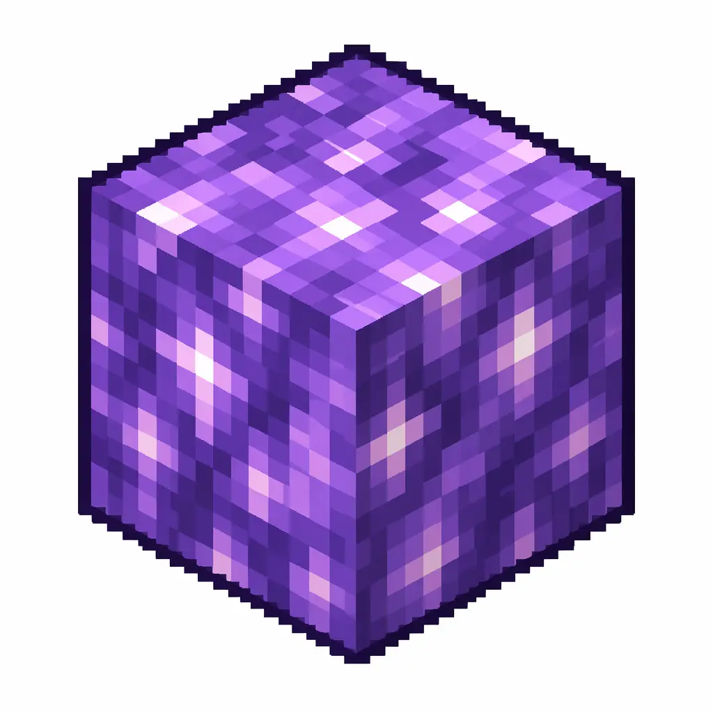 Pixel art illustration of a block of amethyst in chunky voxel game style
