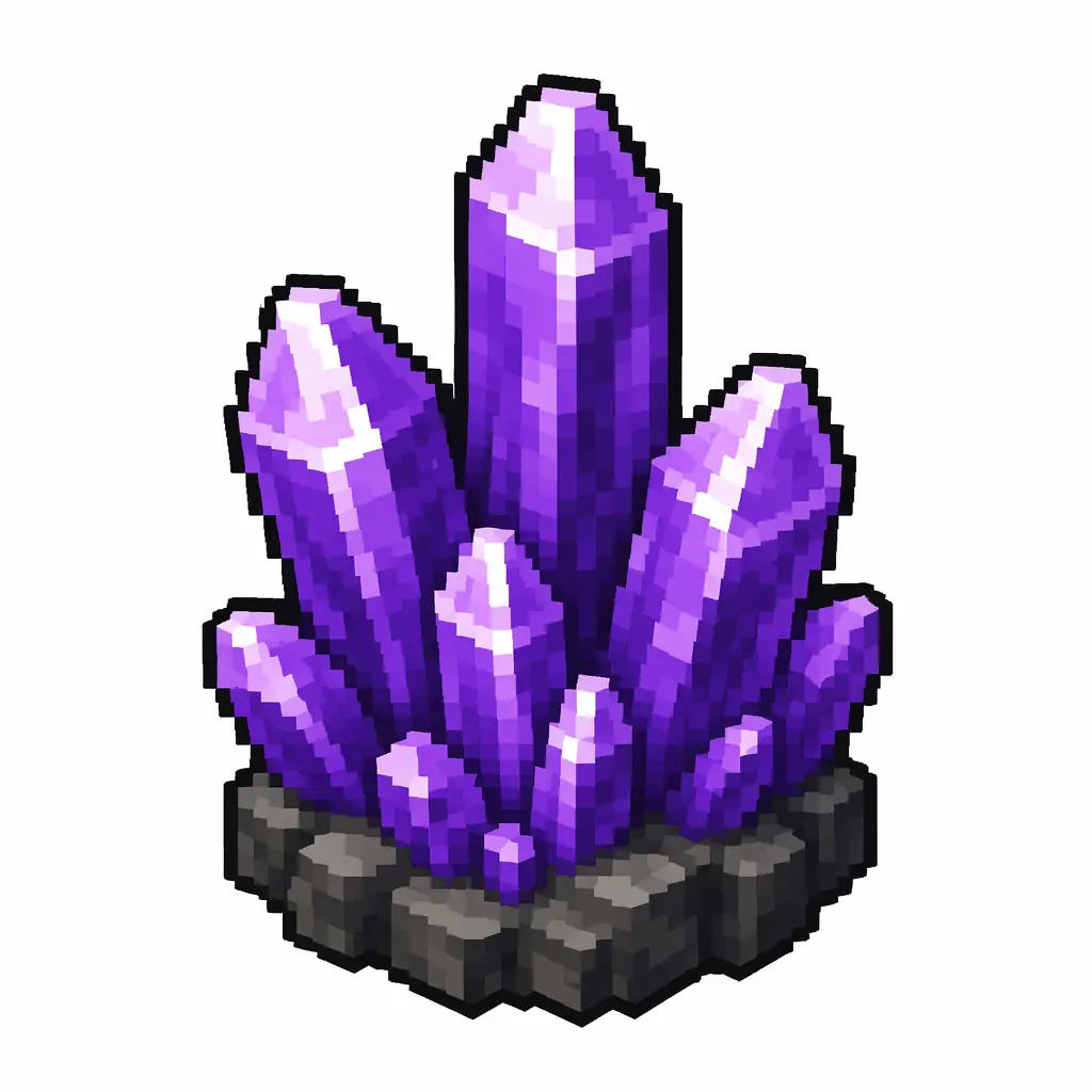 Pixel art illustration of a cluster of large purple amethyst crystal spikes