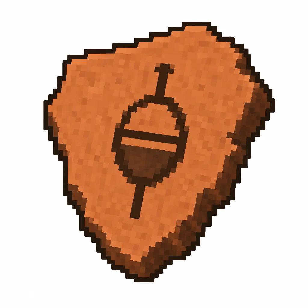 Pixel art illustration of a terracotta pottery sherd engraved with a fishing bobber pictograph