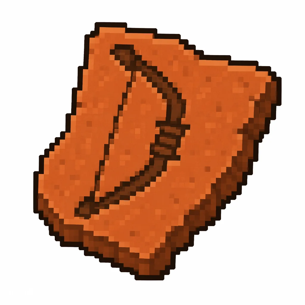 Pixel art illustration of a terracotta pottery sherd engraved with a bow pictograph
