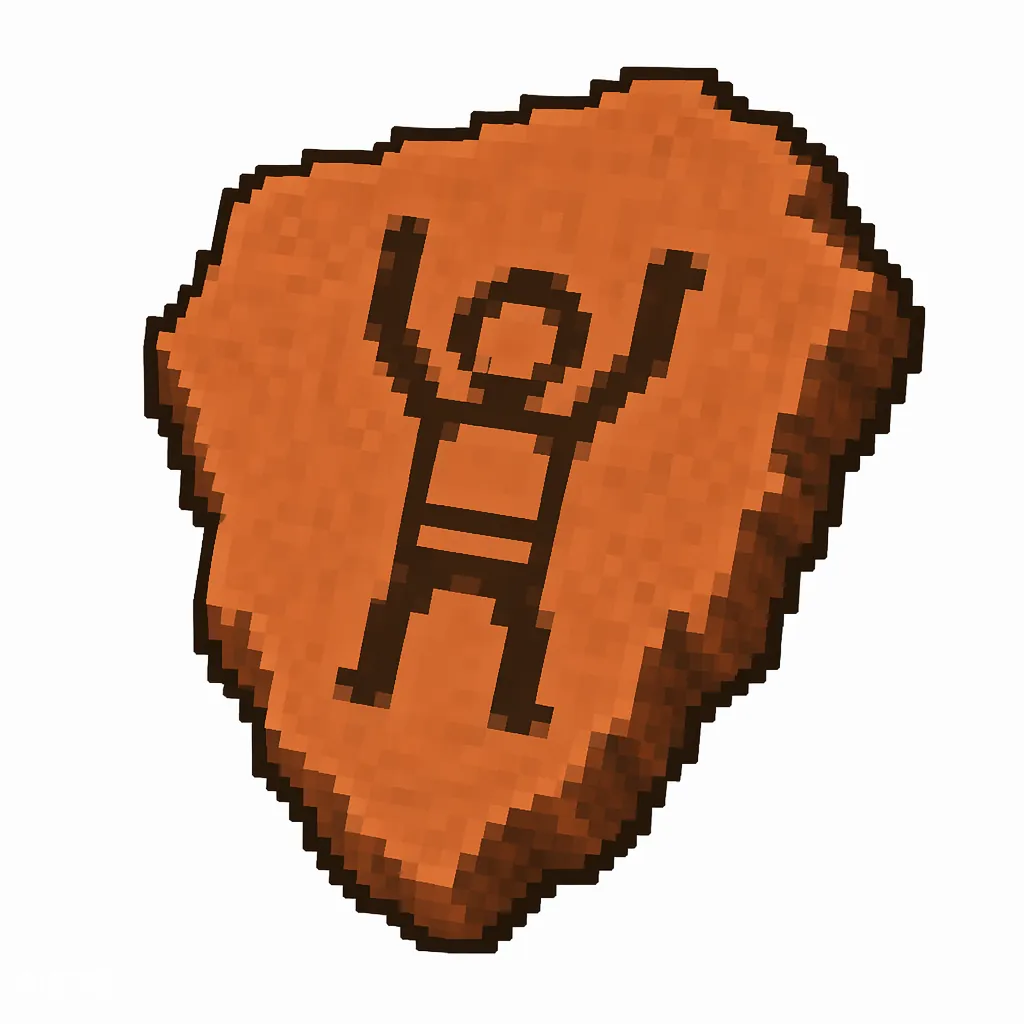 Pixel art illustration of a terracotta pottery sherd engraved with a figure with raised arms pictograph