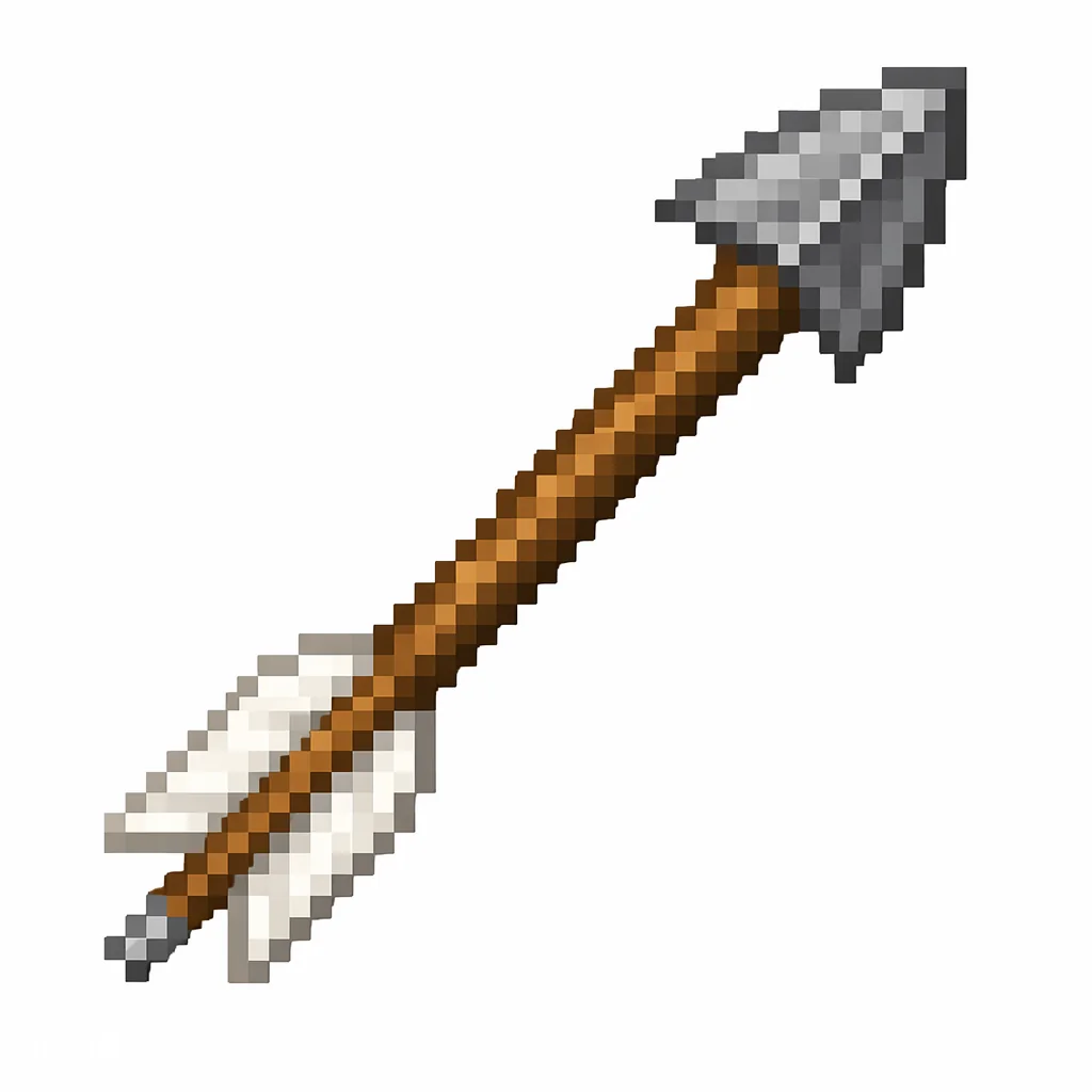 Pixel art illustration of an arrow with a flint tip and white feather fletching