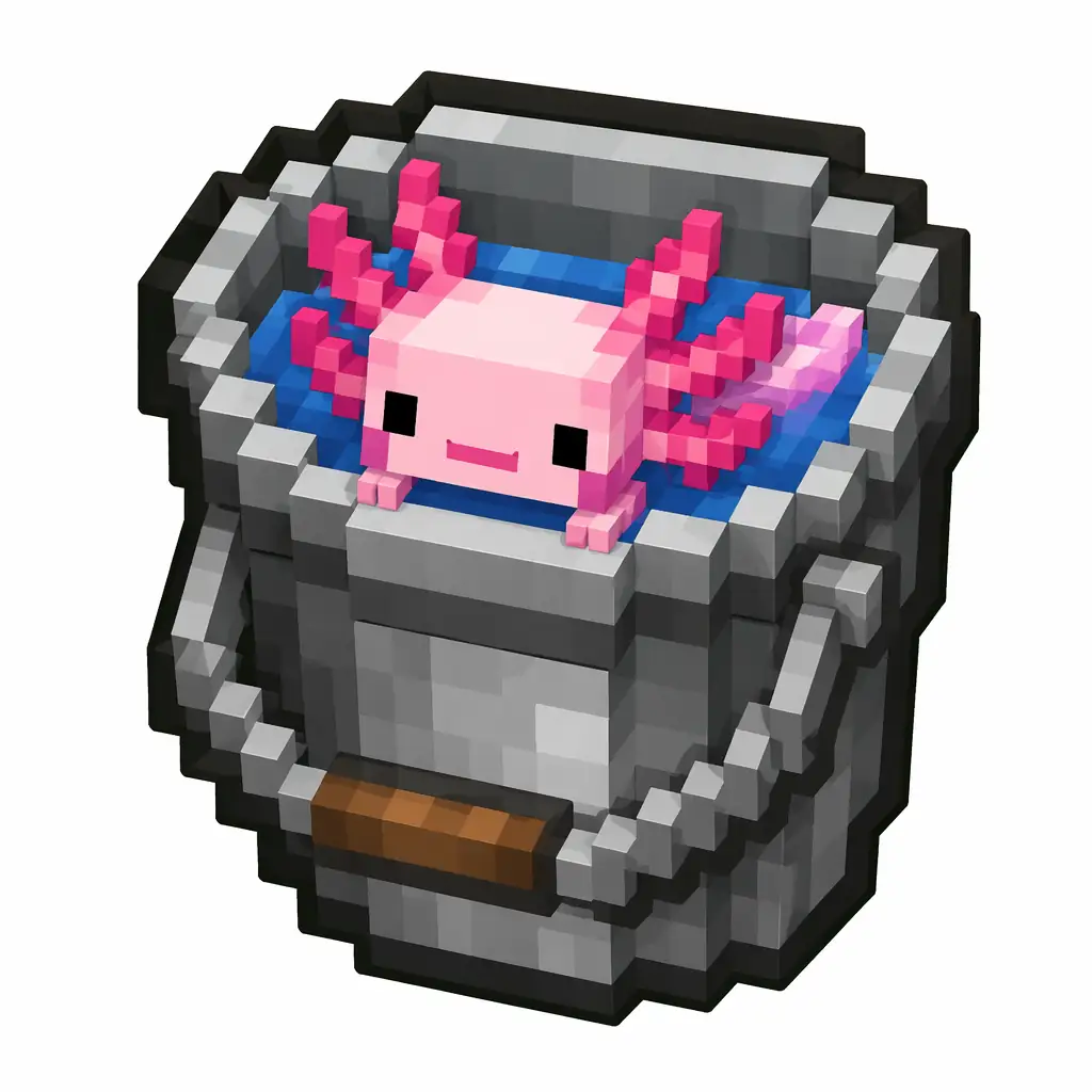 Pixel art illustration of a metal bucket with a live axolotl inside