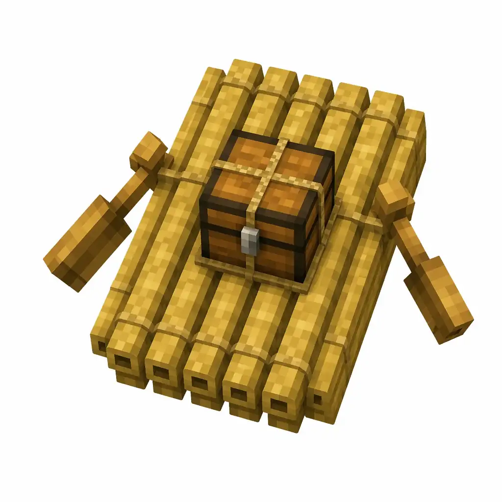 Pixel art illustration of a flat bamboo raft with a chest strapped in the middle