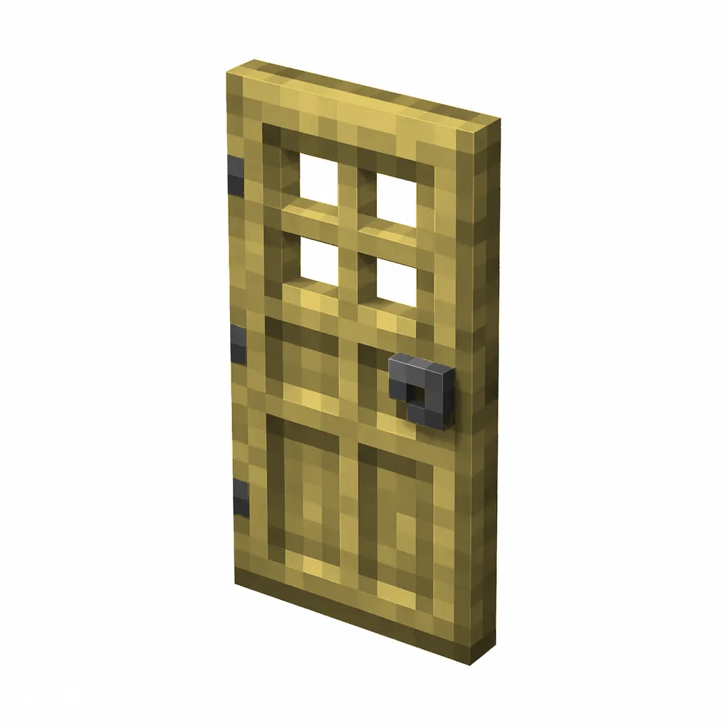 Pixel art illustration of a bamboo wooden door with window holes and a gray metal handle