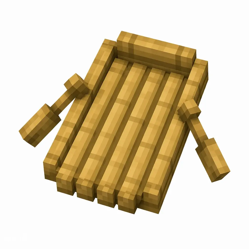 Pixel art illustration of a flat raft made of yellow-tan bamboo planks