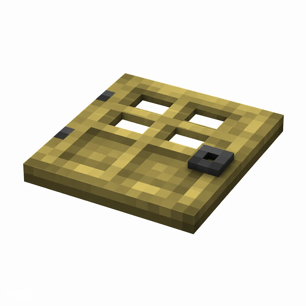 Pixel art illustration of a flat bamboo wooden trapdoor with a dark metal ring handle