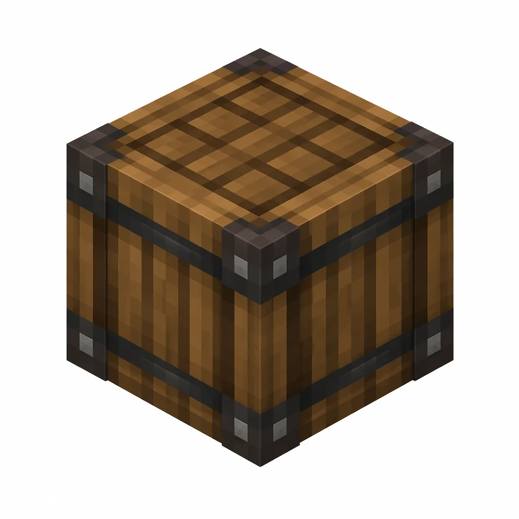 Pixel art illustration of a wooden barrel block with dark band hoops
