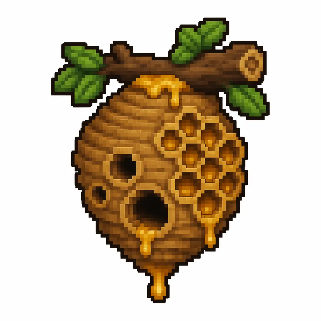 Pixel art illustration of a bee nest in chunky voxel game style