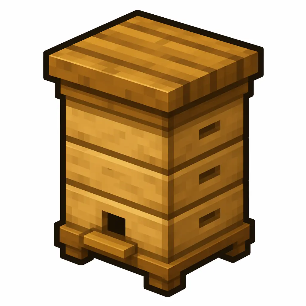 Pixel art illustration of a beehive in chunky voxel game style