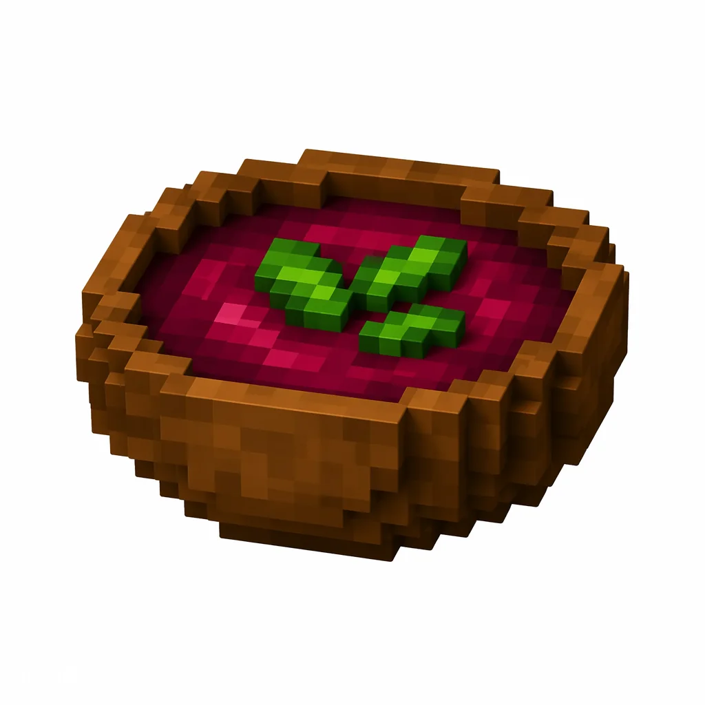 Pixel art illustration of a wooden bowl of purple-red beetroot soup