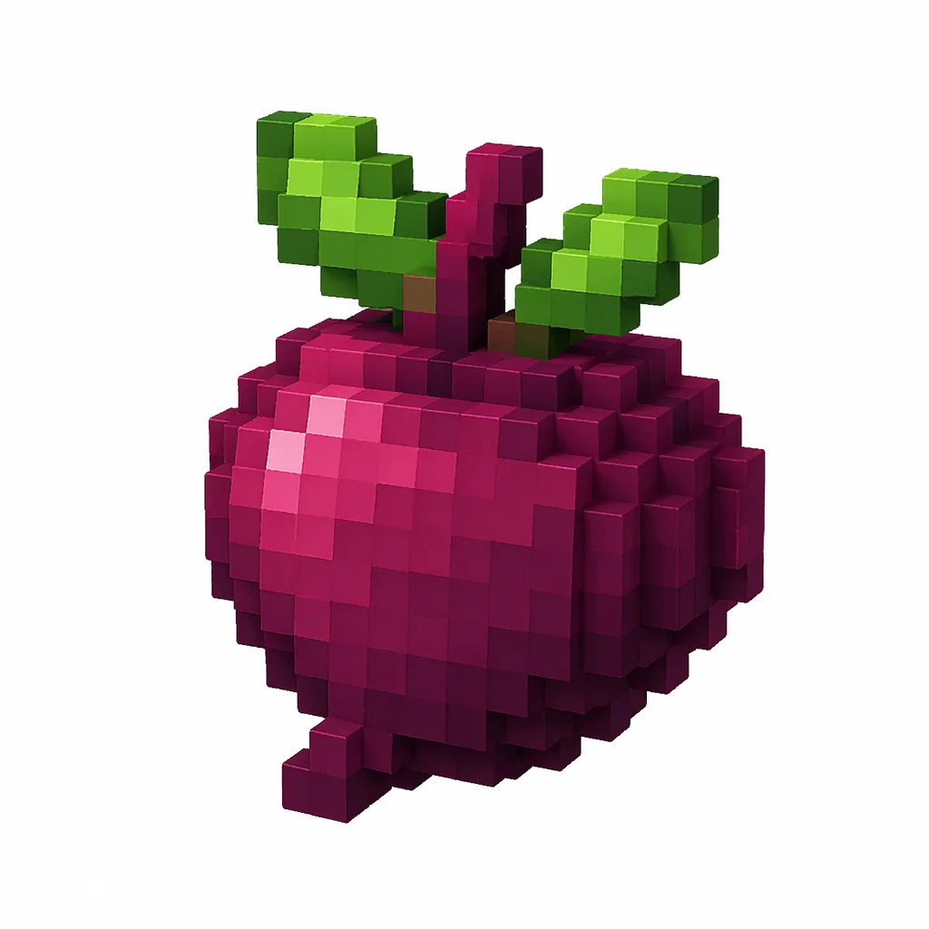 Pixel art illustration of a deep purple-red beetroot with green leaves