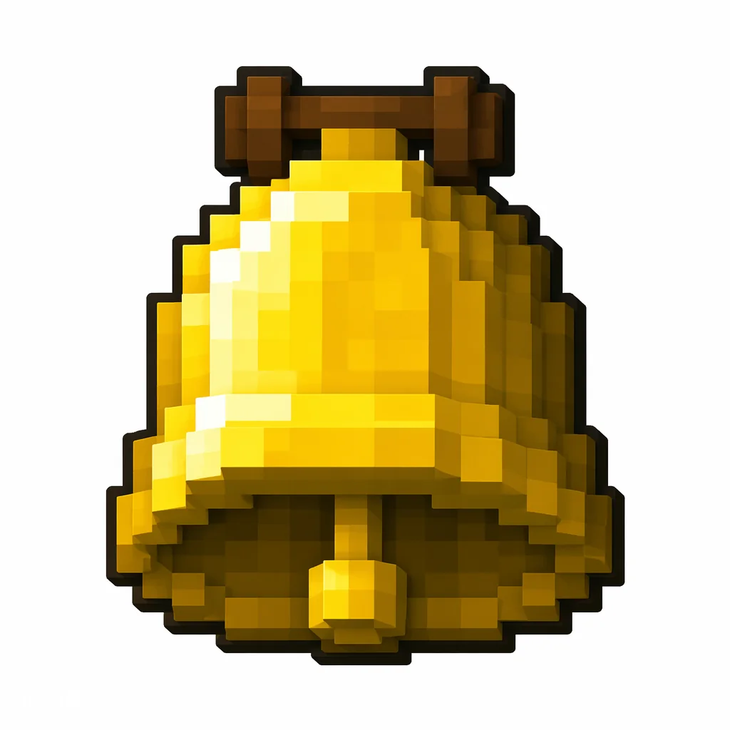 Pixel art illustration of a golden bell with a wooden yoke