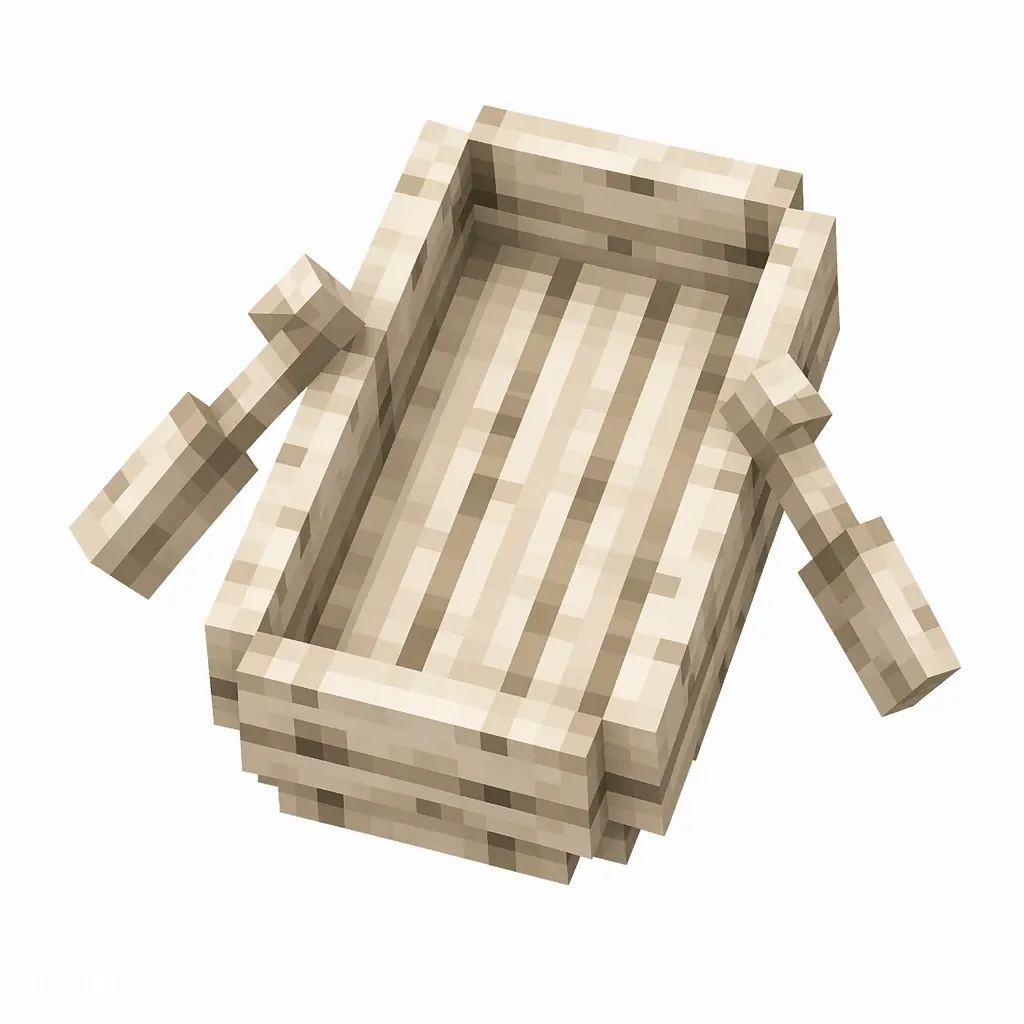 Pixel art illustration of a pale white-tan birch boat with two paddles