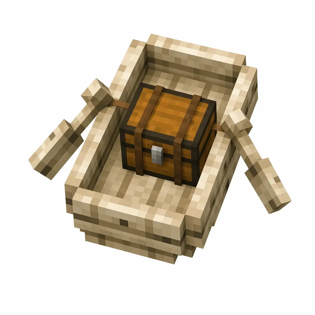 Pixel art illustration of a pale white-tan birch boat with a chest strapped in the middle