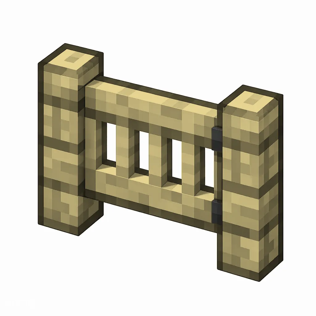 Pixel art illustration of a birch fence gate with a slatted swinging panel