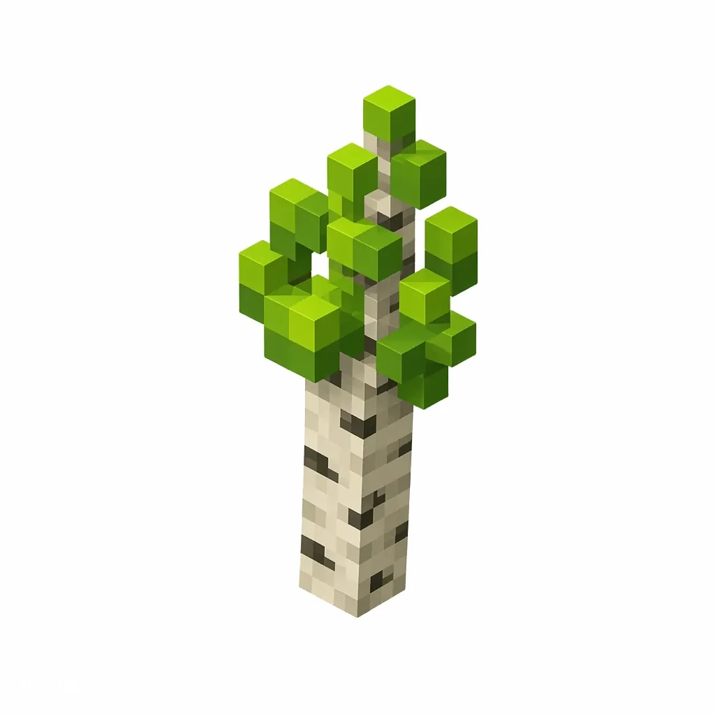 Pixel art illustration of a birch sapling with a pale trunk and light green leaves