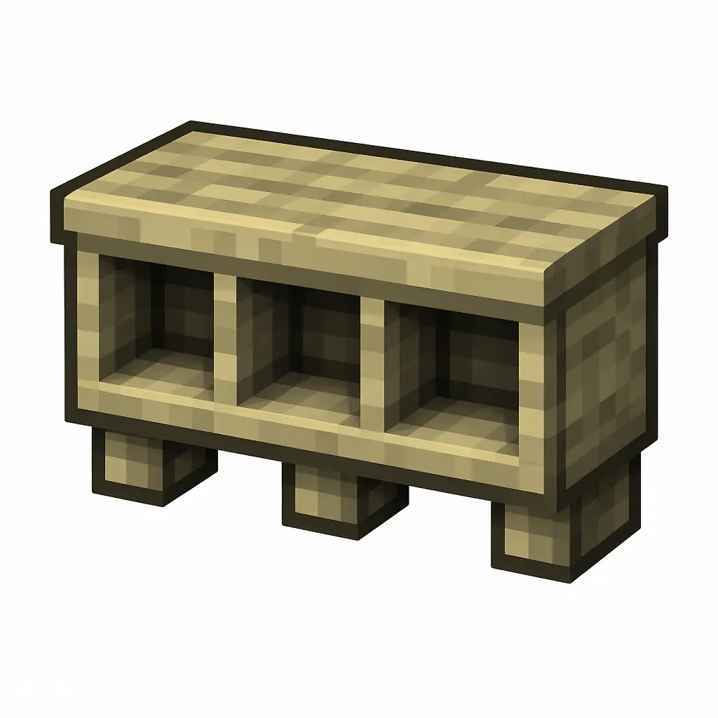 Pixel art illustration of a birch wall shelf with three display cubbies