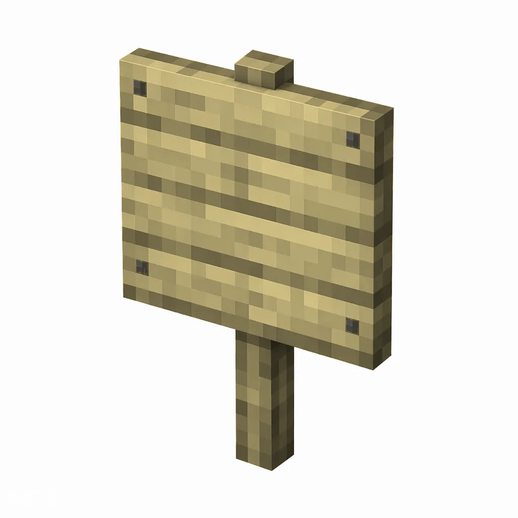 Pixel art illustration of a birch wooden sign board on a short post