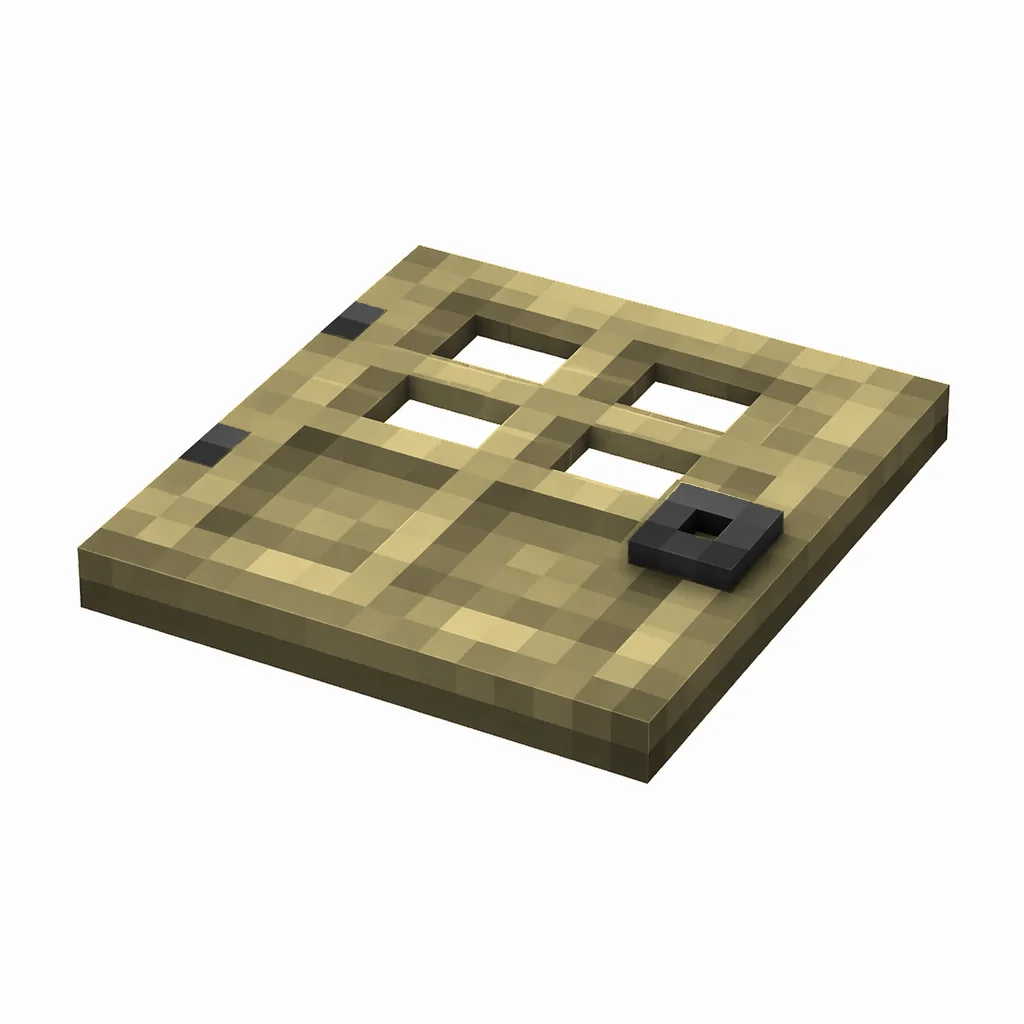 Pixel art illustration of a flat birch wooden trapdoor with a dark metal ring handle