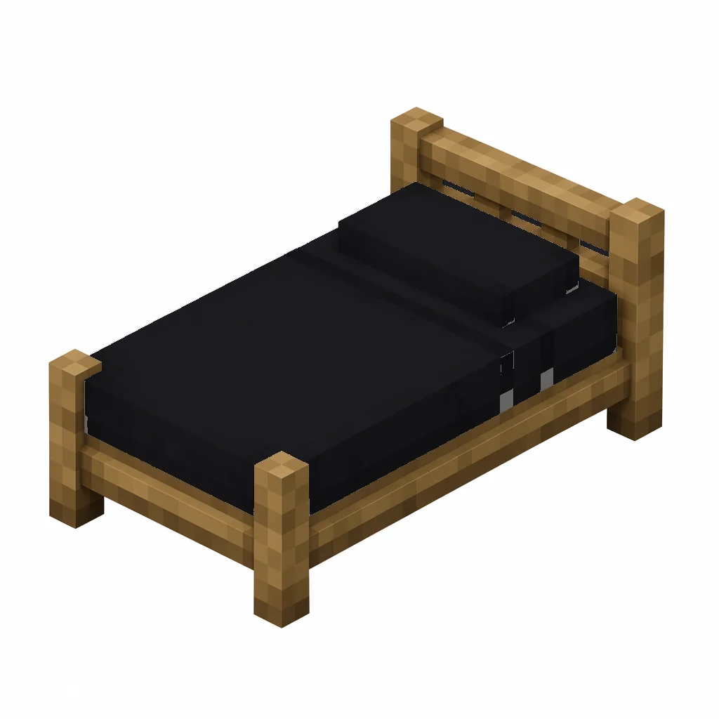 Pixel art illustration of a black bed with a wooden frame and a black blanket and pillow