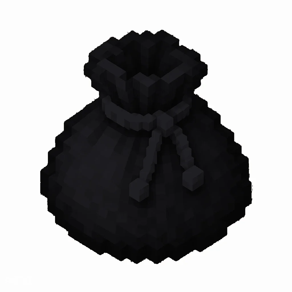 Pixel art illustration of a black dyed bundle pouch tied with string