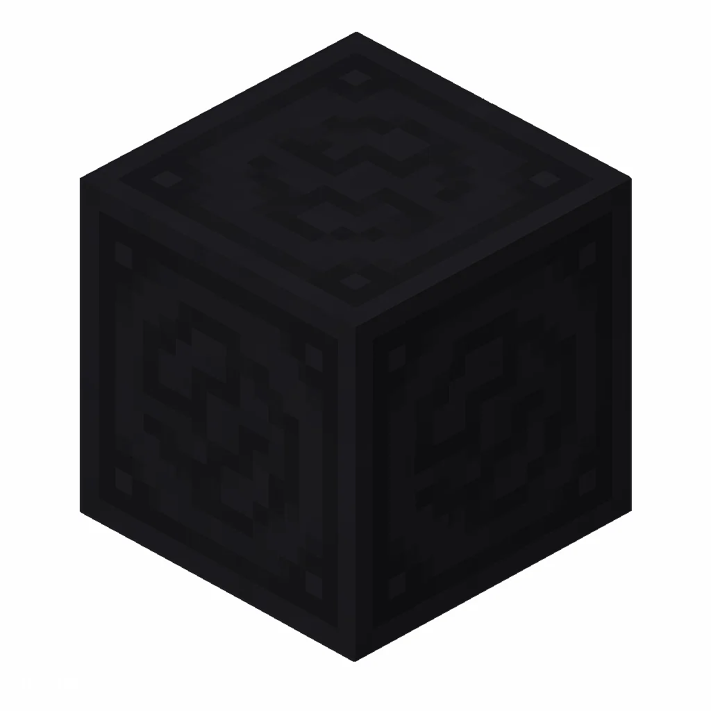 Pixel art illustration of a black glazed terracotta block with a swirling ornate pattern