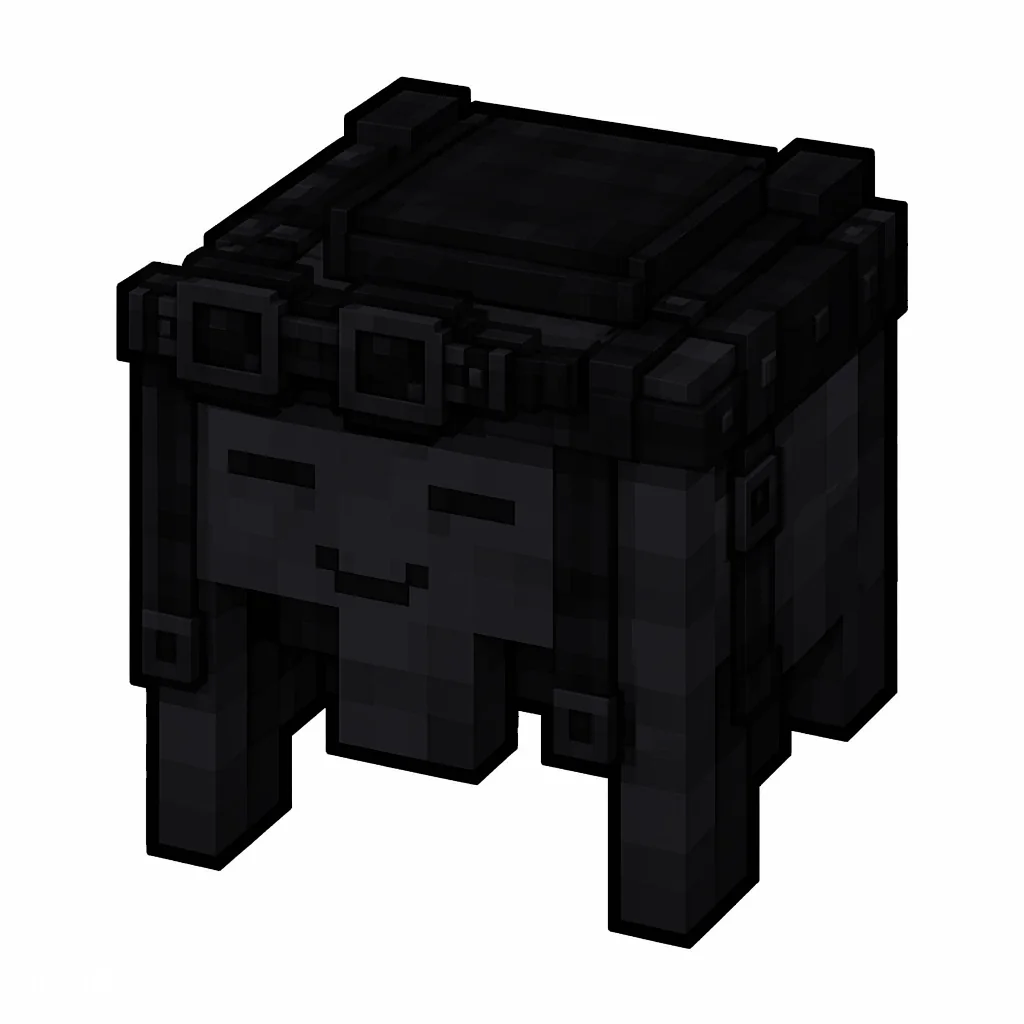 Pixel art illustration of a black happy ghast harness with a saddle seat and straps