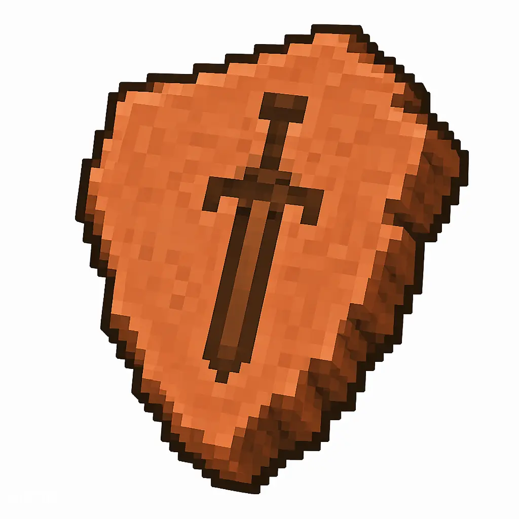 Pixel art illustration of a terracotta pottery sherd engraved with a sword pictograph