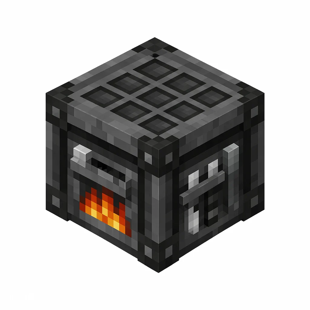 Pixel art illustration of a dark gray blast furnace block with a fire-lit mouth