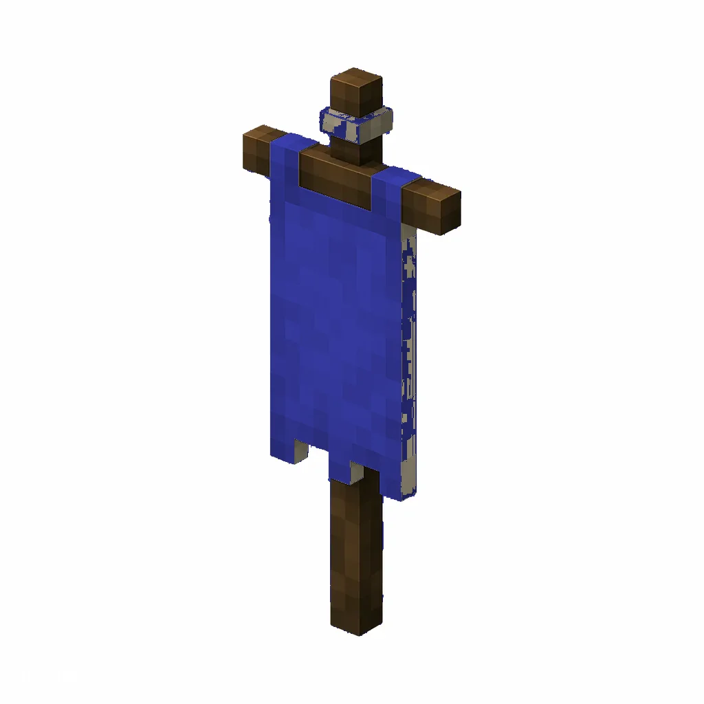 Pixel art illustration of a blue banner hanging from a wooden pole
