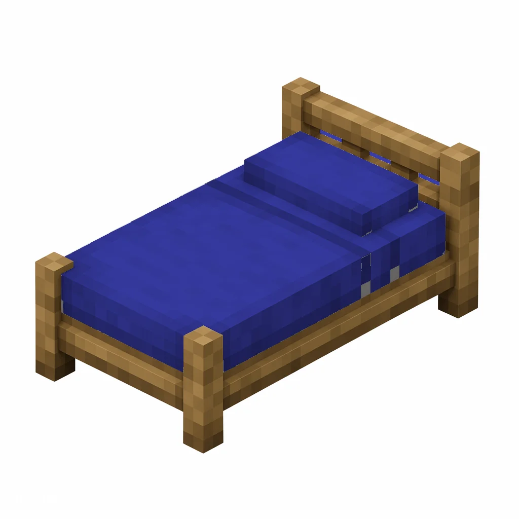 Pixel art illustration of a blue bed with a wooden frame and a blue blanket and pillow