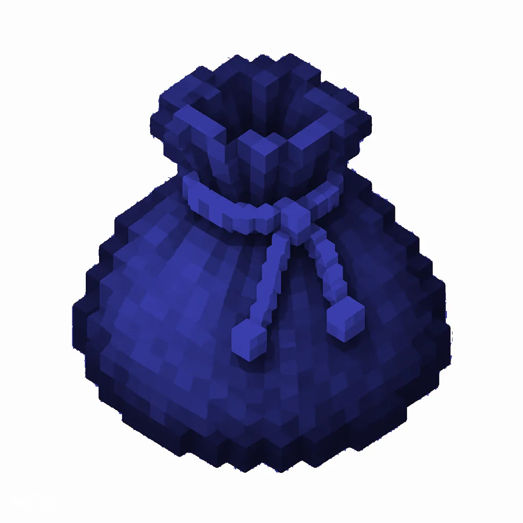 Pixel art illustration of a blue dyed bundle pouch tied with string