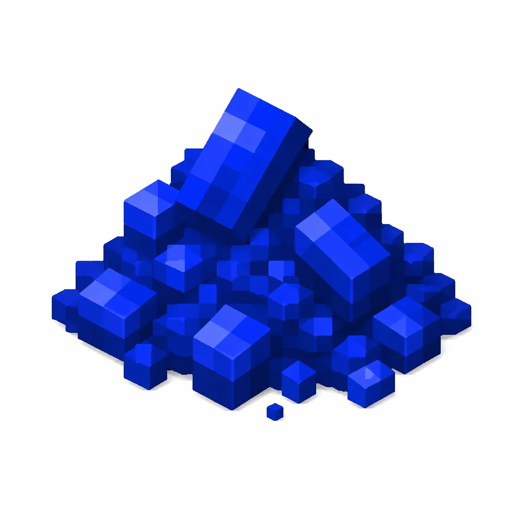 Pixel art illustration of a small pile of royal blue dye powder with scattered grains