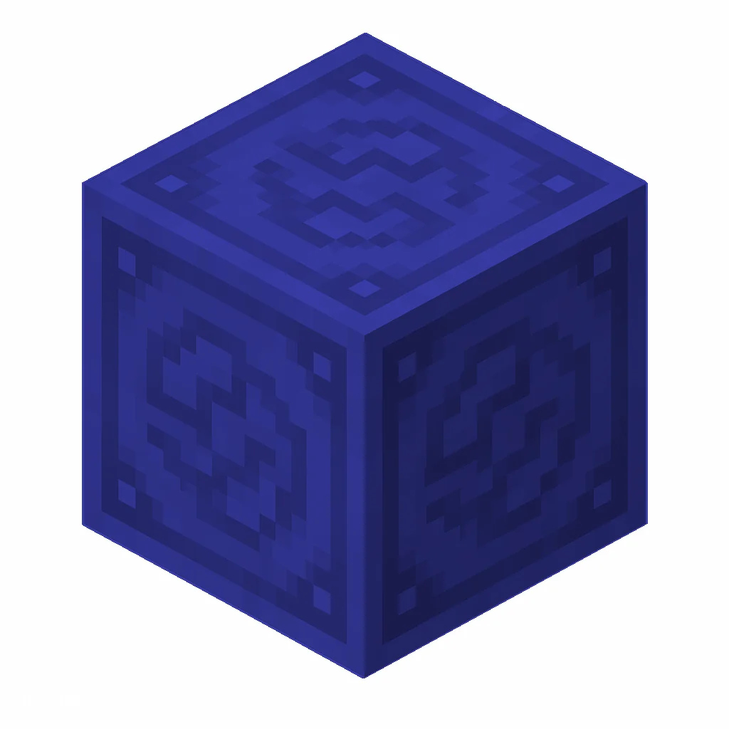 Pixel art illustration of a blue glazed terracotta block with a swirling ornate pattern