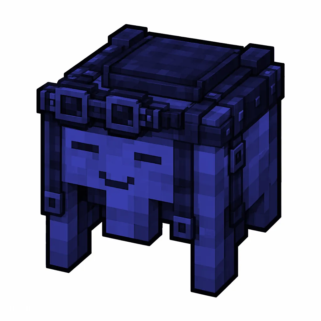 Pixel art illustration of a blue happy ghast harness with a saddle seat and straps