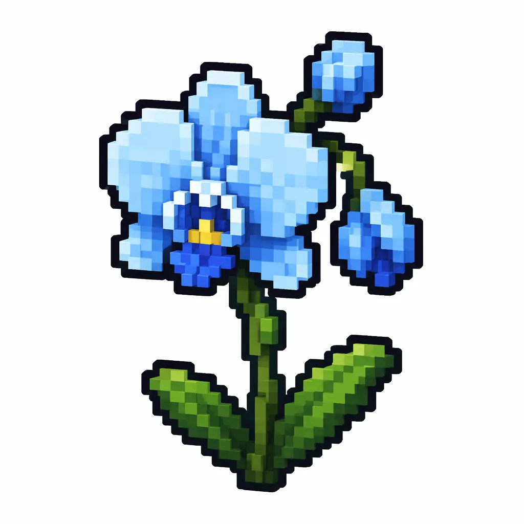 Pixel art illustration of a blue orchid in chunky voxel game style