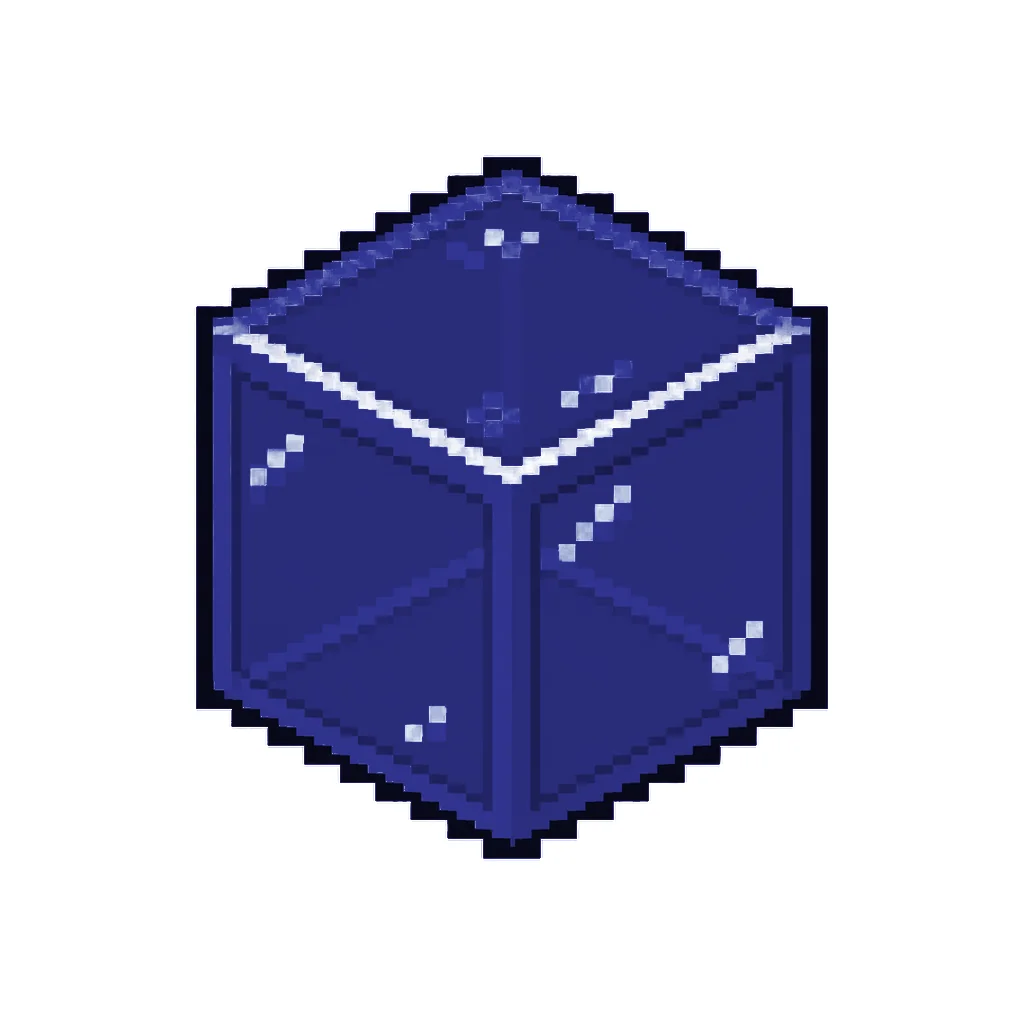 Pixel art illustration of a blue stained glass block with a dark framed translucent blue pane