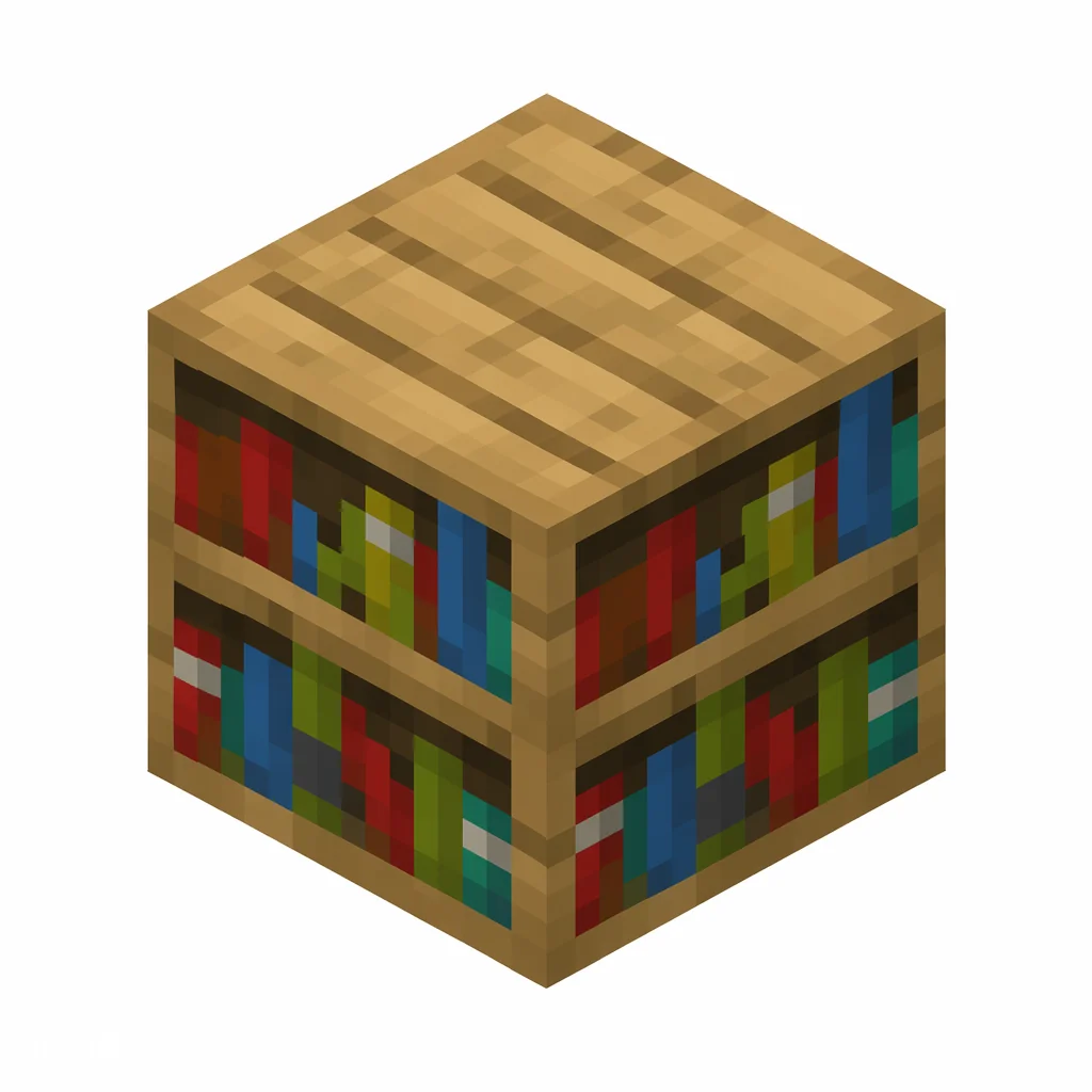Pixel art illustration of a wooden bookshelf block filled with colorful books