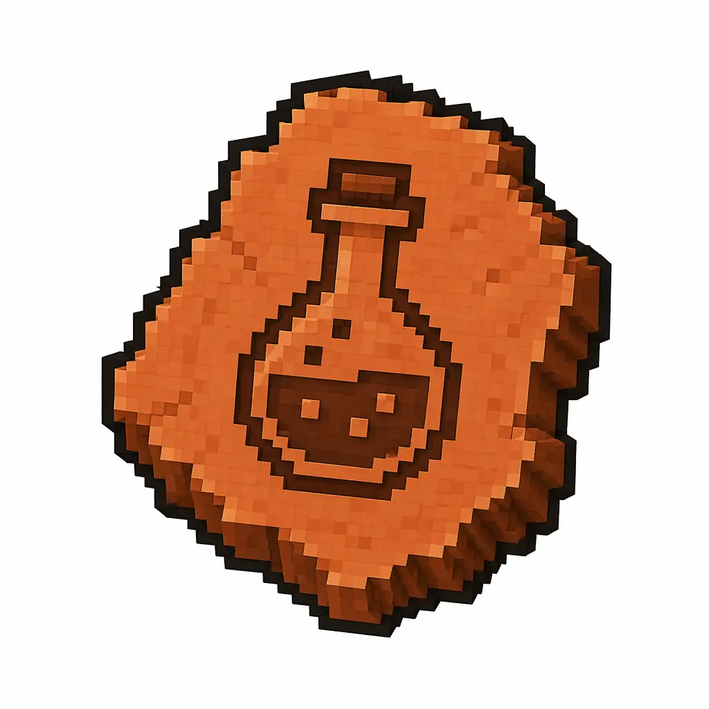 Pixel art illustration of a terracotta pottery sherd engraved with a potion bottle pictograph