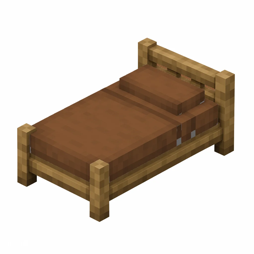 Pixel art illustration of a brown bed with a wooden frame and a brown blanket and pillow