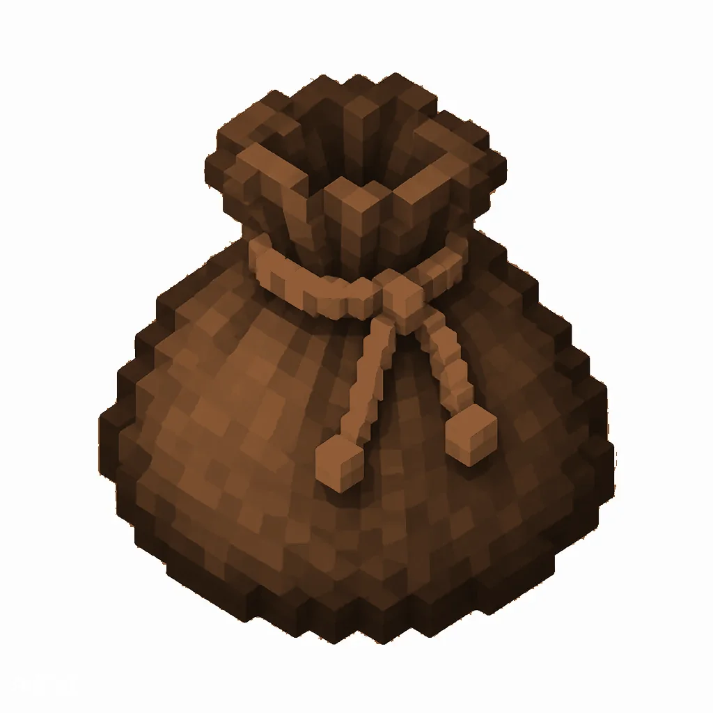 Pixel art illustration of a brown dyed bundle pouch tied with string